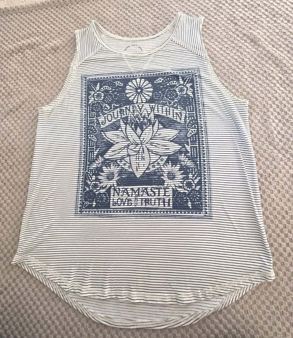 Lucky Brand Graphic Women's Large Sleeveless Striped Tee Journey Within Namaste
